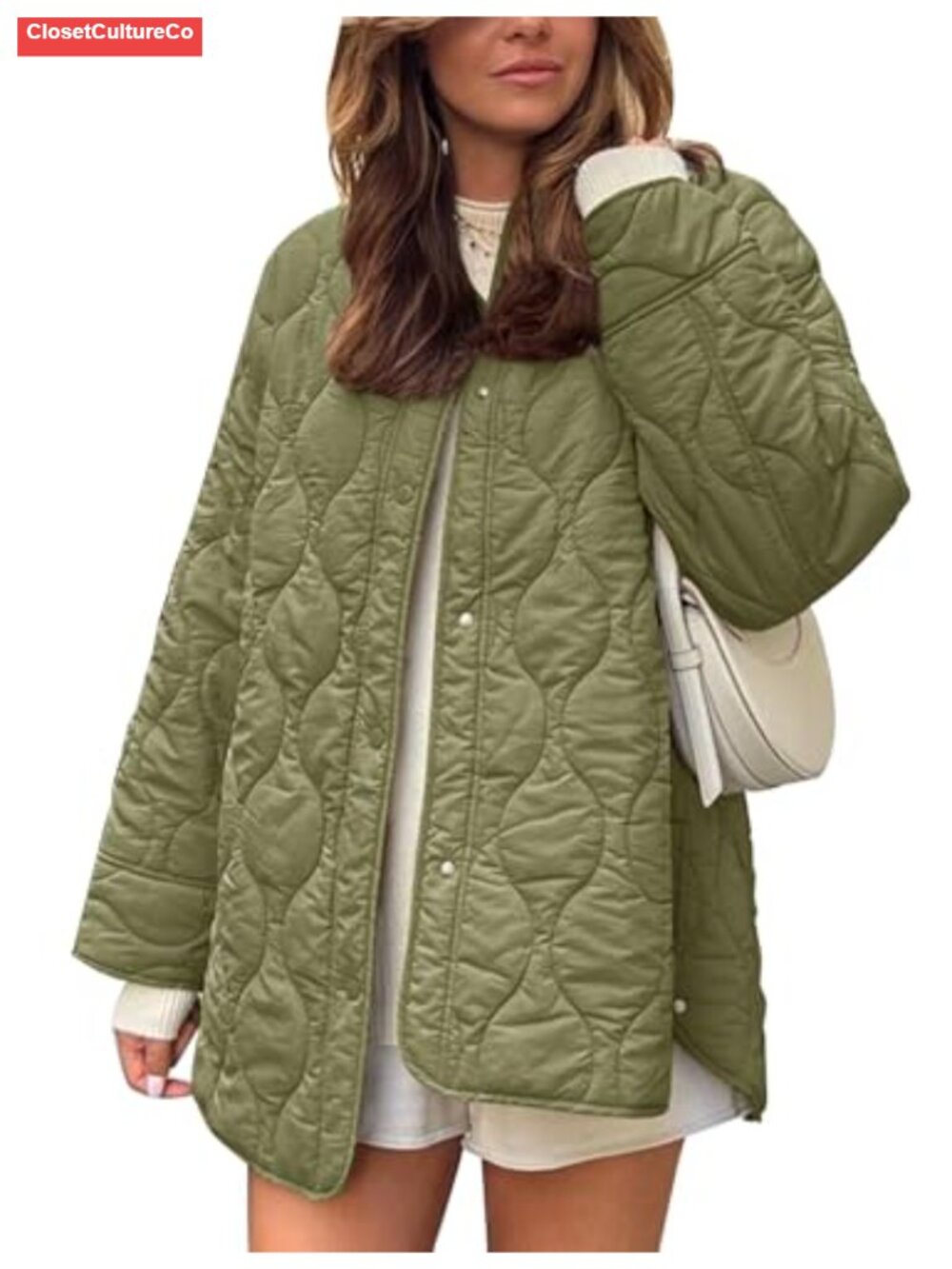 Quilted Lightweight Puffer Jacket Oversized Snap Pockets Women